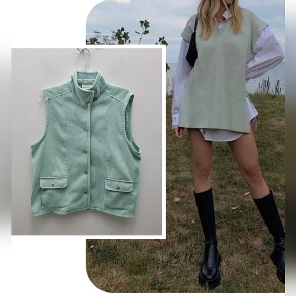VTG Vest Rare Mint Green Pastel Shade Snap Down Sweatshirt w/ Pockets! Size 12 - Picture 1 of 13